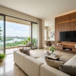 Runwal Lands End Kolshet Road Thane West 2 BHK Spacious Living Room With Wooden TV Panel Large Sofa Setup Indoor Plants