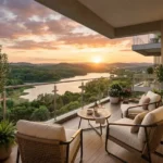 Runwal Lands End Kolshet Road Thane West 2 BHK Wide Balcony With Seating Setup Glass Railing Sunset View River Landscape