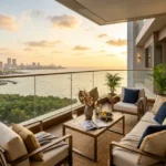 Sector 6 Vashi Navi Mumbai 3 BHK Cream Sofa Set Wood Deck Palm Plant Sea Bridge Sunset Cityview Balcony