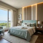 Sector 6 Vashi Navi Mumbai 3 BHK Mint Green Upholstered Bed Fluted Wood Panel Cove Lit Sea Mangrove View Guest Bedroom