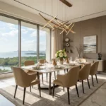 Sector 6 Vashi Navi Mumbai 3 BHK Gold Starburst Chandelier Marble Top Table Beige Chair Seafront Mangrove View Dining Room