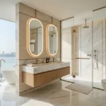 Sector 6 Vashi Navi Mumbai 3 BHK Dual Oval Backlit Mirror Fluted Vanity Freestanding Tub Glass Shower Seafront Marble Bathroom