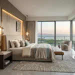 Sector 6 Vashi Navi Mumbai 3 BHK Ribbed Wood Panel Lantern Globe Pendant Upholstered Bed Seafront Mangrove Sunset View Master Bedroom