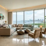 Sector 6 Vashi Navi Mumbai 3 BHK Teal Grey Sectional Bronze Wall Sculpture Geometric Coffee Table Full Seafront Cityview Living Room