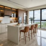 Sector 6 Vashi Navi Mumbai 3 BHK White Quartz Island Tan Bar Stool Glass Wood Cabinet Sea Mangrove View Modular Kitchen