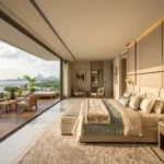 Sector 6 Vashi Navi Mumbai 4 BHK Duplex Vaulted Wood Slat Ceiling Raw Stone Wall Attached Deck Sun Lounger Sea Link Sunset View Master Bedroom