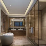 Sejal City Goregaon East 3 BHK Bathroom With Freestanding Bathtub Double Vanity Counter Glass Shower Cubicle And Marble Finishes