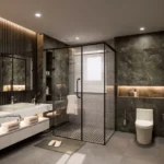 Sejal City Goregaon East 3 BHK Bathroom With Glass Shower Partition Vanity Counter Modern Lighting