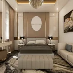 Sejal City Goregaon East 3 BHK Bedroom With Chandelier Lighting Upholstered Bed Designer Wall Panels
