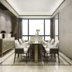 Sejal City Goregaon East 3 BHK Dining Area With Marble Table Upholstered Chairs Large Windows And Contemporary Interior Design