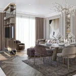 Sejal City Goregaon East 3 BHK Living And Dining Area With Designer Chandelier Sofa Seating And Large Glass Windows