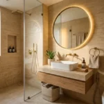Siddhi Darshan Prabhadevi 2 BHK Contemporary Beige Bathroom With Round Mirror And Glass Shower