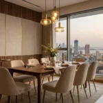 Siddhi Darshan Prabhadevi 2 BHK Dining Area With Hanging Lights And Mumbai Skyline View