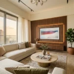 Siddhi Darshan Prabhadevi 2 BHK Minimal Living Room With TV Feature Wall And Sofa Seating