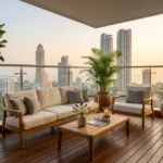 Siddhi Darshan Prabhadevi 3 BHK Open Balcony Seating Area With Wooden Deck Flooring