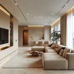 Vikas 11 Mulund West 3 BHK Cove Lit Built In Shelf Beige Deep Sectional Round Coffee Table Open Plan Cityview Living Room