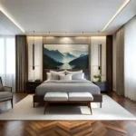 Vikas 11 Mulund West 3 BHK Mountain Lake Mural Headboard Herringbone Wood Floor Pendant Lit Upholstered Bench Master Bedroom