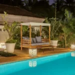 Villa Casa Brilhante Parra Goa Poolside Daybed With Night Lighting Tropical Garden Landscape Wooden Cabana Seating