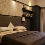 5 BHK Duplex Ashok Towers Parel Gold Floral Wallpaper Dark Headboard Garden View Bedroom