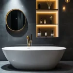 Delta Icon Sector 7 Airoli 3 BHK Dark Tile Gold Fixture Soaking Tub Bathroom