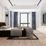 Rishabraj Arham SV Road Goregaon West 3 BHK Grey Bed Blue Curtain Built In Shelf Bedroom