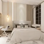 Rishabraj Arham SV Road Goregaon West 3 BHK Beige Slat Panel Warm Lit Open Wardrobe Bedroom