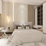 Rishabraj Arham SV Road Goregaon West 3 BHK Beige Slat Panel Warm Lit Open Wardrobe Bedroom