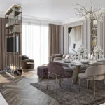 Rishabraj Arham SV Road Goregaon West 3 BHK Taupe Dining Set Crystal Pendant Herringbone Floor Living Dining