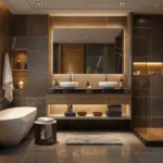 Ruparel Jewel Bhoiwada Parel 3 BHK Dark Tile Wood Vanity Glass Shower Bathroom