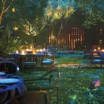 Ruparel Zinnia Borivali West Night Lit Lush Garden Round Table Dusk Alfresco Dining