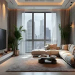 Sunbeam Heights Adarsh Nagar Andheri West 3 BHK Warm Lit Sofa Palm Plant Panoramic Cityview Living Room