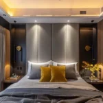 Sunbeam Heights Adarsh Nagar Andheri West 3 BHK Cove Lit Upholstered Headboard Mustard Accent Bedroom