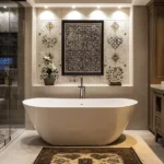 Sunbeam Heights Adarsh Nagar Andheri West 3 BHK Ornate Tile Feature Wall Soaking Tub Wood Vanity Bathroom