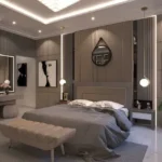 The Reserve Sector 11 Kharghar 3 BHK Taupe Wall Art Crystal Ceiling Upholstered Bench Bedroom