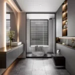 The Reserve Sector 11 Kharghar 3 BHK Grey Tile Float Vanity Glass Partition Warm Niche Bathroom