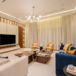 5 BHK Villa Karle Riverville Benaulim Goa Living Room With Blue Sectional Sofa