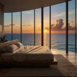 Lotus Odyssey Bandra Bandstand Bedroom with Curved Glass Windows View Ocean Beautiful Sunset
