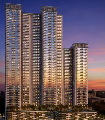 Architectural visual of glass-facade residential towers amid landscaped greenery at Island City Center, Dadar