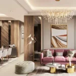 4 BHK Hirandandani Empress Hill Powai Living Room With Pink Sofa And Dining Area