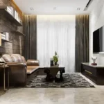 3 BHK Eirene Heights Dadar Living Room with Leather Sofa and Curtains