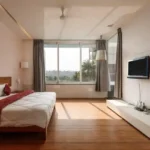 3 BHK Villa Infiniti Bay Dabolim Bogmalo Beach Goa Bedroom with Red Throw and Large Window