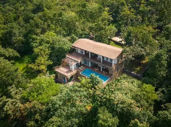 4 BHK Villa Khopoli Aerial View with Pool and Surrounding Trees