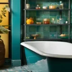 4 BHK Villa Ballad Angela Boheim Siolim Goa Bathroom with Teal Bathtub and Open Shelves