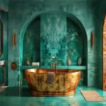 4 BHK Villa Ballad Angela Boheim Siolim Goa Teal Bathroom with Gold Bathtub