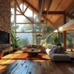 1. Taj Mount Kusur Villas Resort Wooden Living Room with Stone Fireplace