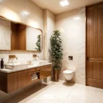 2 BHK Baya Sunrise Dadar Bathroom With Warm Wood Floating Vanity, Gold Faucets