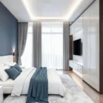 2 BHK Ivory Heights Vile Parle Steel Blue Feature Wall White Gloss Wardrobe Cove Lit Bedroom