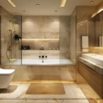 2 BHK Sigma Garnet Dadar Elegant Toilet Featuring Integrated Bathtub Backlit Shelving And Warm Stone Finish