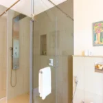 3 BHK Mayberry Villas Anjuna Goa Neutral Toned Toilet With Frameless Walk In Shower Cabin And Wall Art