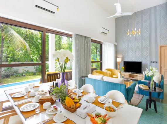 Mayberry Villas Anjuna Goa Secluded Swimming Pool Surrounded By Lush Greenery With Outdoor Lounge Seating